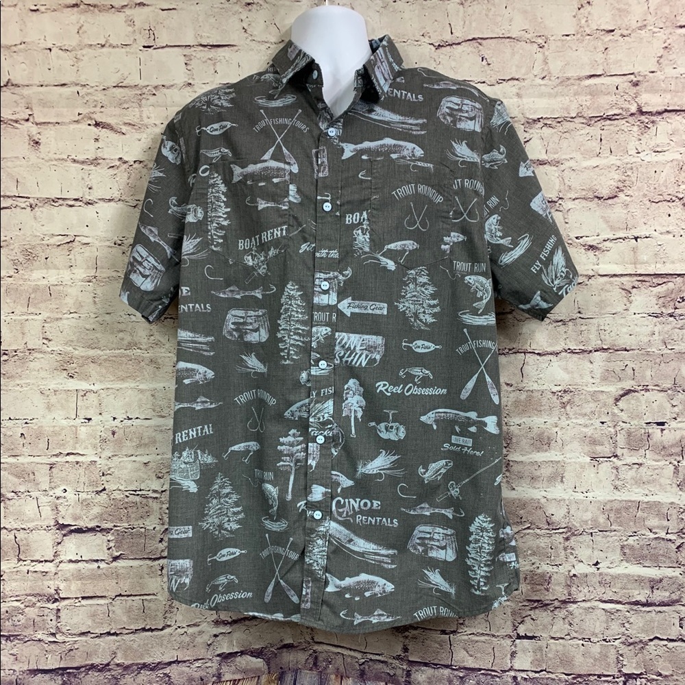 Reel Obsession Gray Fishing Print Button Front Shirt